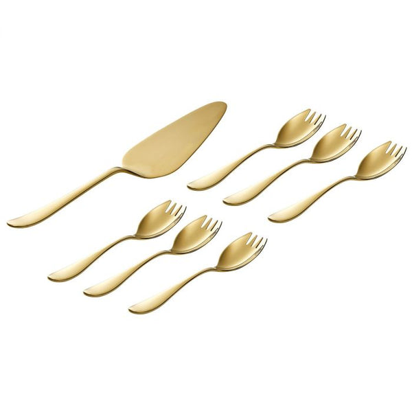 ONDE GOLD FINISH GIFT BOX OF 6 PASTRY FORKS + PASTRY KNIFE
